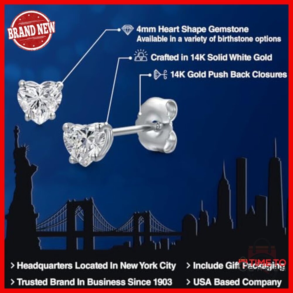 14k White Gold Heart Gemstone Stud Earrings, 4mm, Hypoallergenic View 2